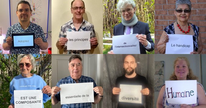 Image de huit personnes qui tiennent une affiche contenant le message « Adoptez les principes de l’intersectionnalité! Le handicap est une composante essentielle de la diversité humaine ».