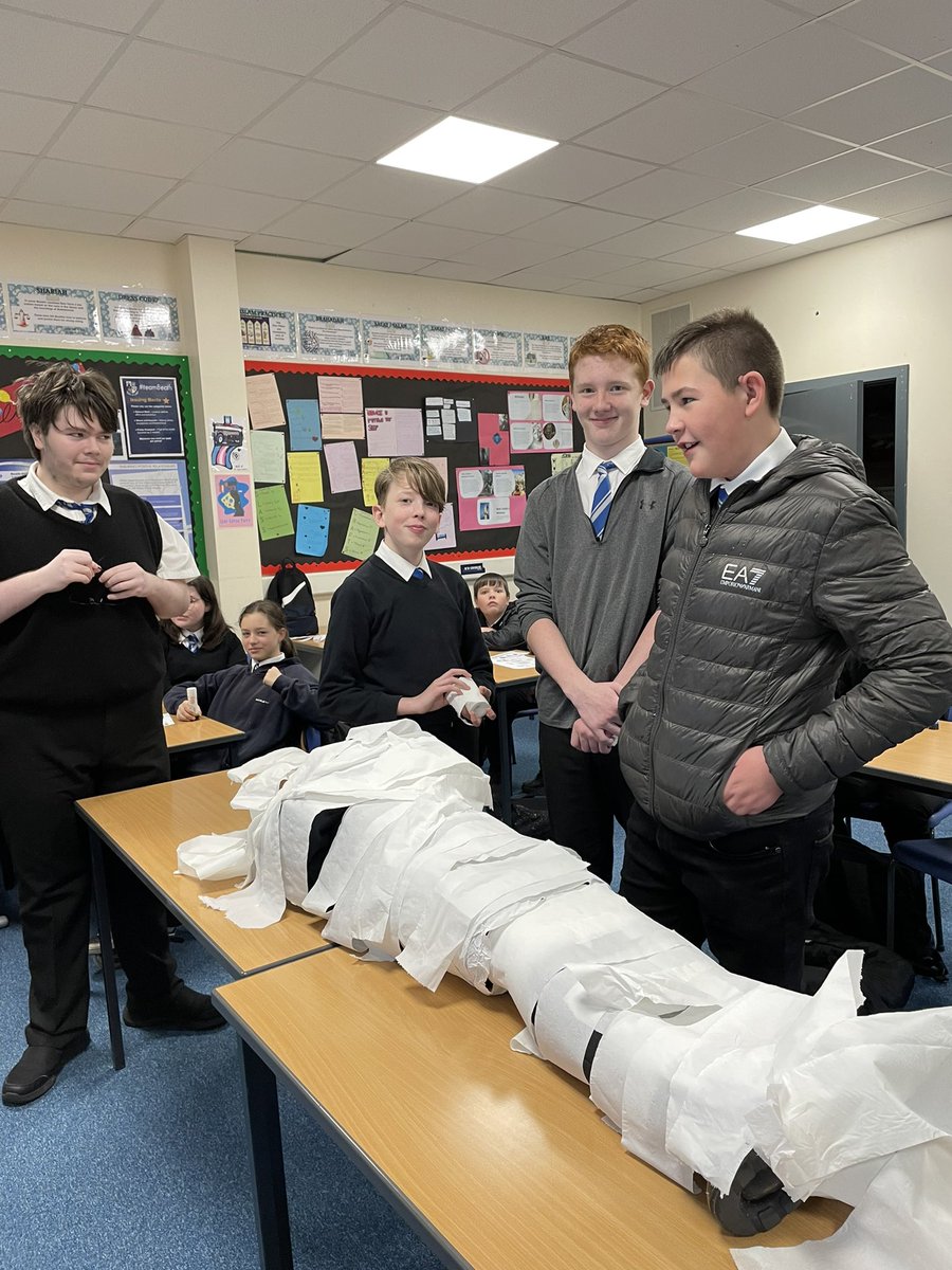 S1 pupils who took the elective on Ancient Worlds were mummifying a student today. 😀 They have been learning about Ancient Egyptian beliefs and next lesson will be exploring the afterlife. 👍🏻
