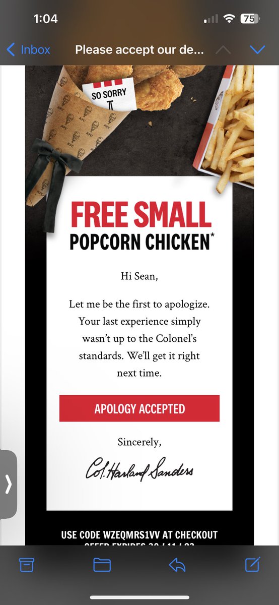 AlbertasVeryOwn's tweet photo. KFC for lunch. Ordered online for pickup. Arrived, another 11 minutes they said. No problem.

Grabbed order, drove home. Fries are missing, wrong chicken. No problem.

Drove back, replaced. Email survey. Filled out survey, free popcorn chicken link, link doesn’t work @kfc_canada https://t.co/GUYYUVWIUa