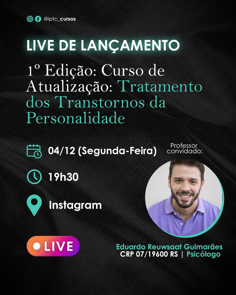 cursos_iptc's tweet image. Você tem vontade de saber mais sobre o tema: Transtornos da Personalidade?
Então não deixe de participar da nossa LIVE DE LANÇAMENTO do primeiro Curso do IPTC - Agenda/2024.
🗓️ O encontro será ONLINE e AO VIVO  através do Instagram do IPTC - @iptc_cursos.
Esperamos você!!