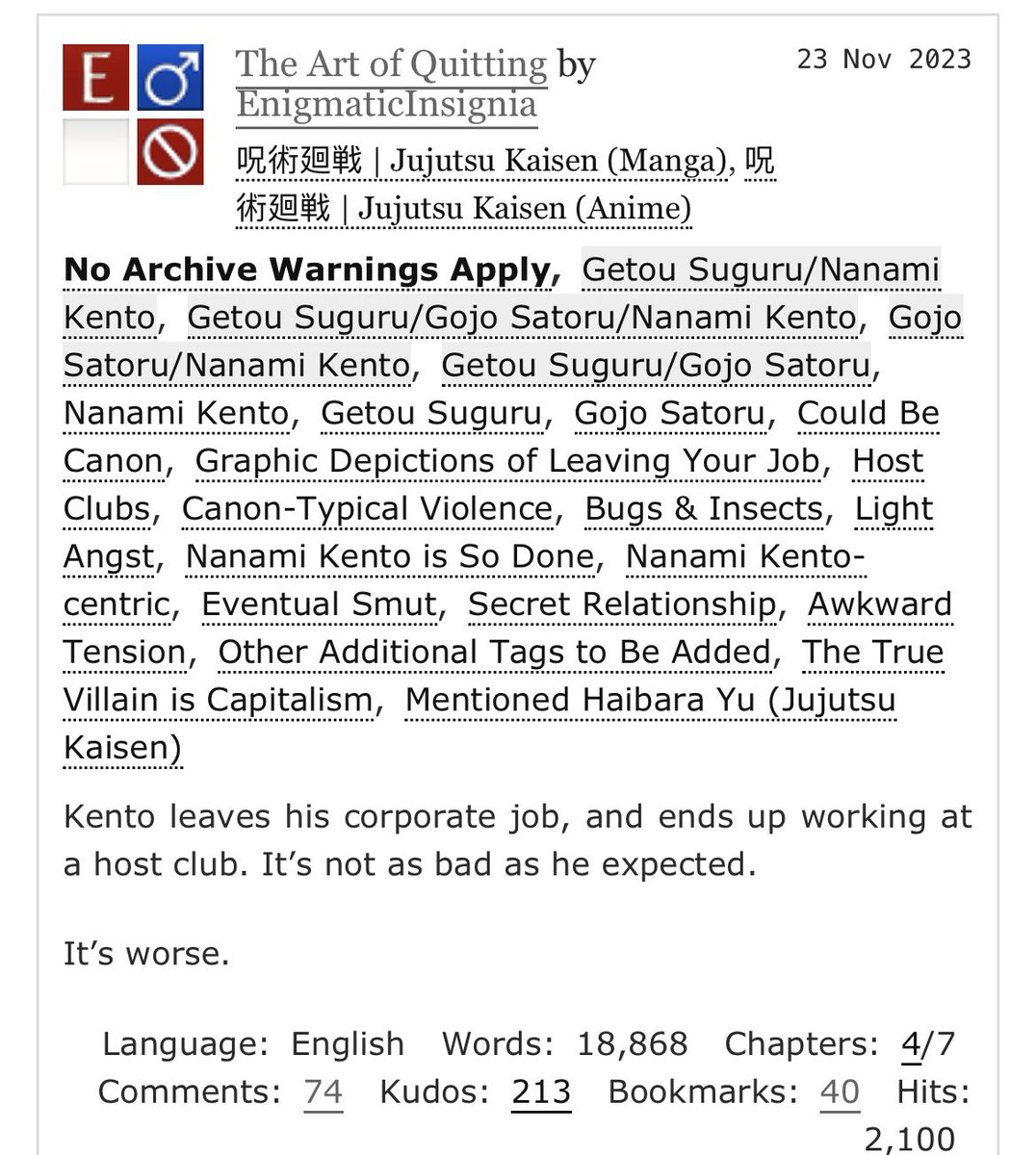 Happy Thanksgiving, and happy #JJKRarePairWeek ! 

For today’s theme of ‘threesomes’, I’ve posted the next chapter of ‘The Art of Quitting’, a Geto / Nanami / Gojo fic! 

🤍archiveofourown.org/works/50913202…

<a href="/JJKOasisZine/">Oasis: A JJK Rare Pair Zine 🏝</a>
