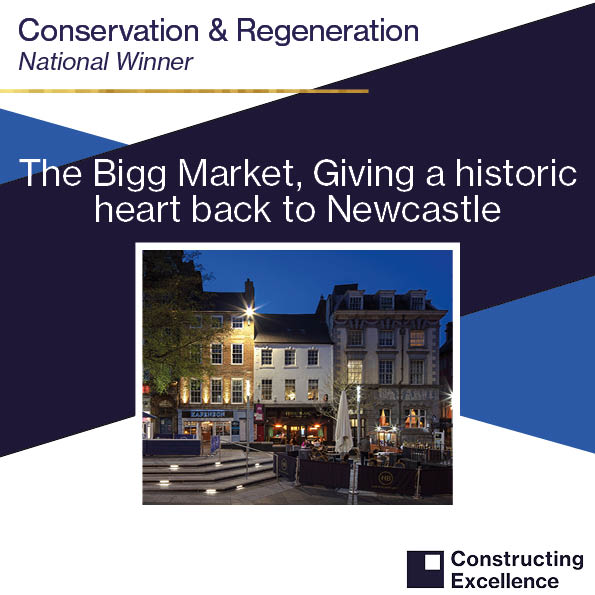 The winner of Conservation & Regeneration is…… The Bigg Market, Giving a historic heart back to Newcastle 🎉 Congratulations! @hpruk , @NE1BID , @mawsonkerr , Southern Green, James Christopher Consulting, @ArtisNewcastle #CEAWARDS2023 #constructingexcellence #Winner