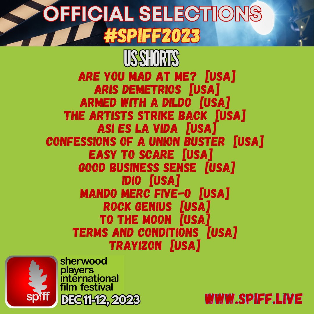 SherwoodPlayers's tweet photo. Congratulations to all of the filmmakers and their teams who were selected for this year's #spiff international #shortfilm festival. We are excited to have so many wonderful films from so many parts of the world. We have 28 films representing 9 countries from around the globe!
Live Screening Event and Awards & Holiday Party Dec 11-12 in Hollywood! Tickets will be available starting tomorrow at https://t.co/SIKCIYPrHe. They will go FAST so check back soon and have a very happy Thanksgiving!
#spiff23 #spiff2023 #sherwoodplayers #international #filmfestival #filmfreeway #hollywood #redcarpet #filmmakers #awards #awardwinning #shortfilmscreening