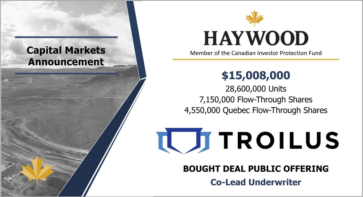 HaywoodSec's tweet image. Haywood would like to congratulate @TroilusGold on the closing of its bought deal public offering. $TLG.T

#TroilusGold #Troilus #Gold #Mining #EquityFinancing $TLG