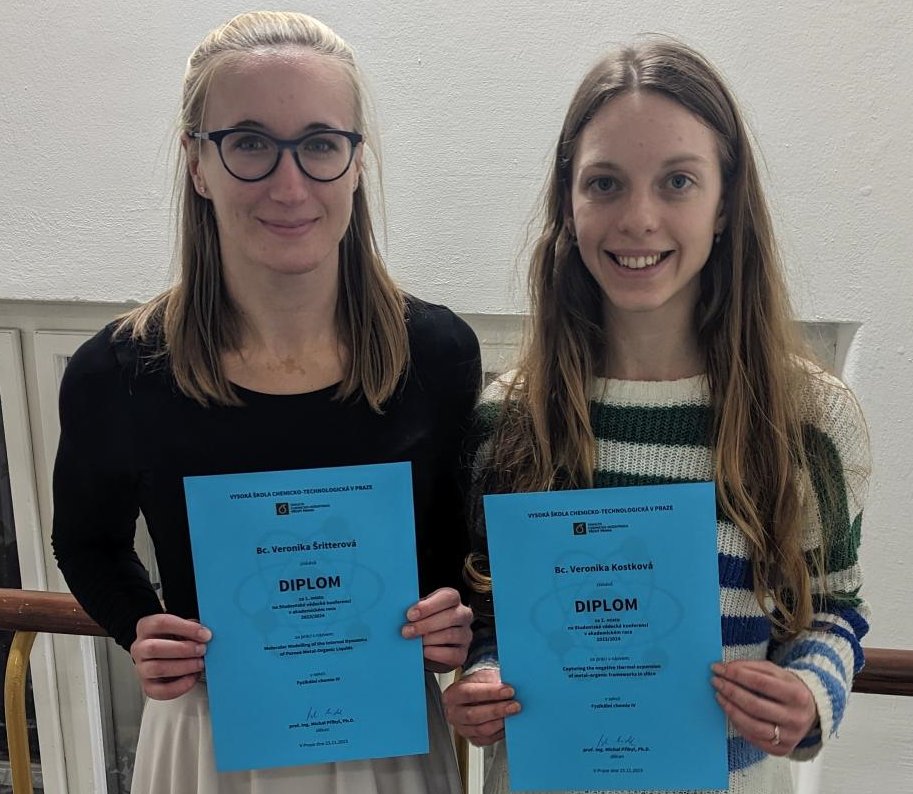 CervinkaGroup's tweet photo. Today's Student Scientific Conference at @VSCHT was super-successful for our group in the #physchem category! Feeling proud to be the academic supervisor of our young talents. Porous liquids and MOFs rock! https://t.co/AWvXmSwbyI