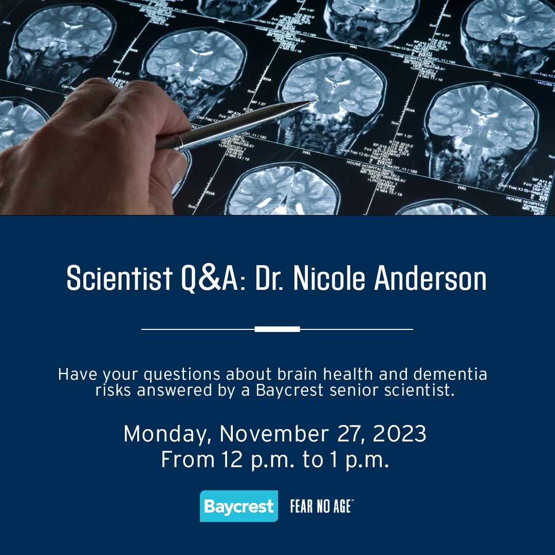 Have a question about your aging brain or dementia risks? Join Baycrest senior scientist, Dr. Nicole Anderson as she answers your questions live on Monday, November 27, from 12 p.m. to 1 p.m. Register now for this free webinar at ow.ly/Qj5O50QaQgI