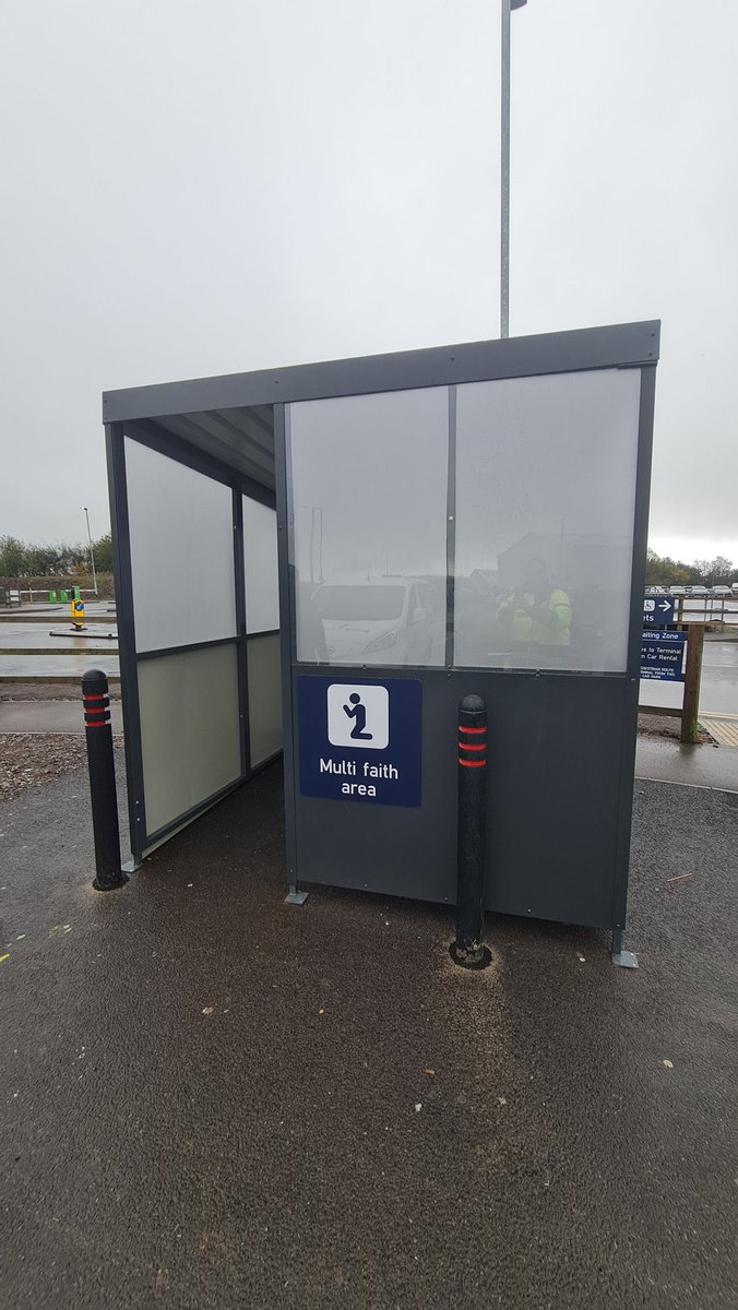 On the left an old bus shelter On the right a modern place of worship at Bristol airport. Comment or satire appears superfluous.