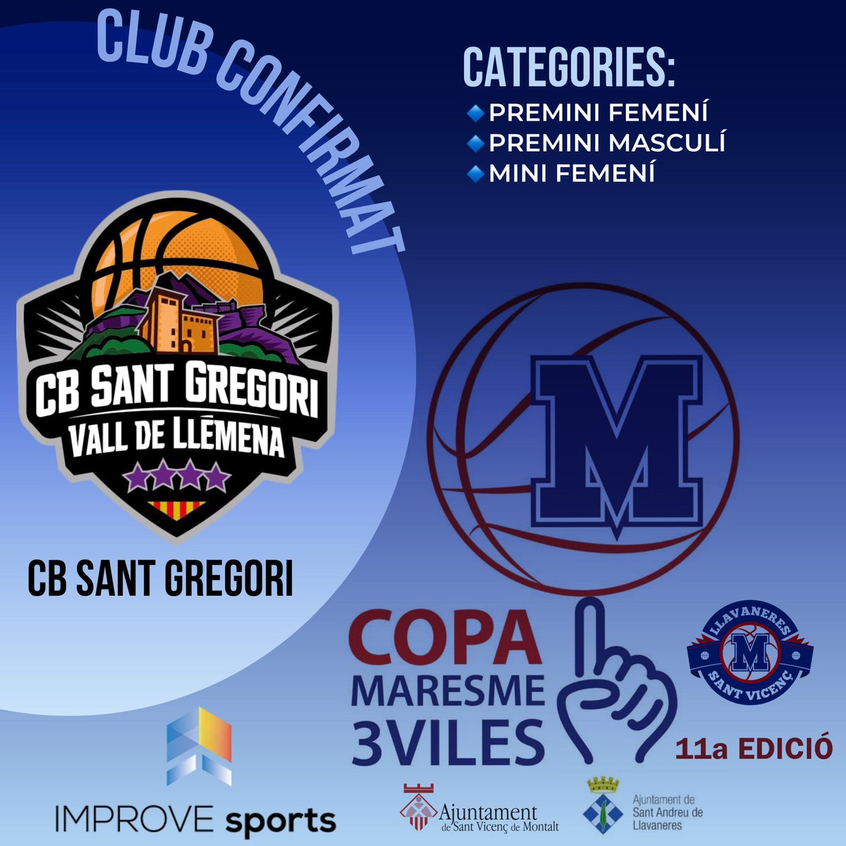 CLUB BÀSQUET SANT GREGORI

El club gironí <a href="/cbsantgregori/">CB Sant Gregori Vall de Llémena</a> tornarà a estar present aquest any, participant a les categories premini masculí, mini i premini femení.

Estem segurs que gaudirem plegats del Torneig!

#CopaM3V #Minibasquet #Llavaneres #SantVicençdeMontalt #Maresme