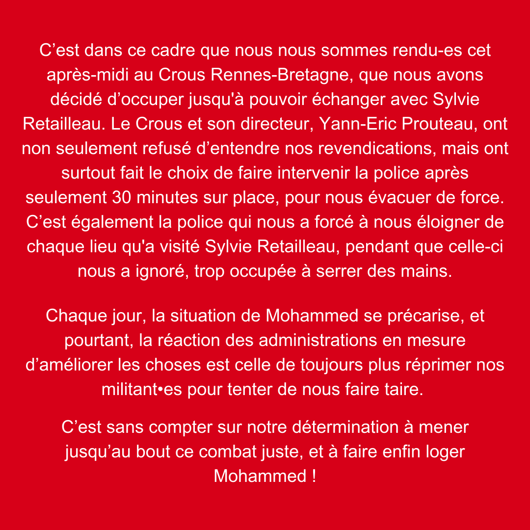 FSE_Rennes's tweet photo. ❗LE CROUS BRETAGNE APPELLE LA POLICE PLUTOT QUE DE LOGER UN ETUDIANT EN DANGER DE MORT.             --> communiqué dans la suite du premier, dénonçant la négligence du Crous vis à vis d'un étudiant en danger de mort
 --> aperçu de la répression que nous avons subi aujourd'hui https://t.co/UeictFMSd9