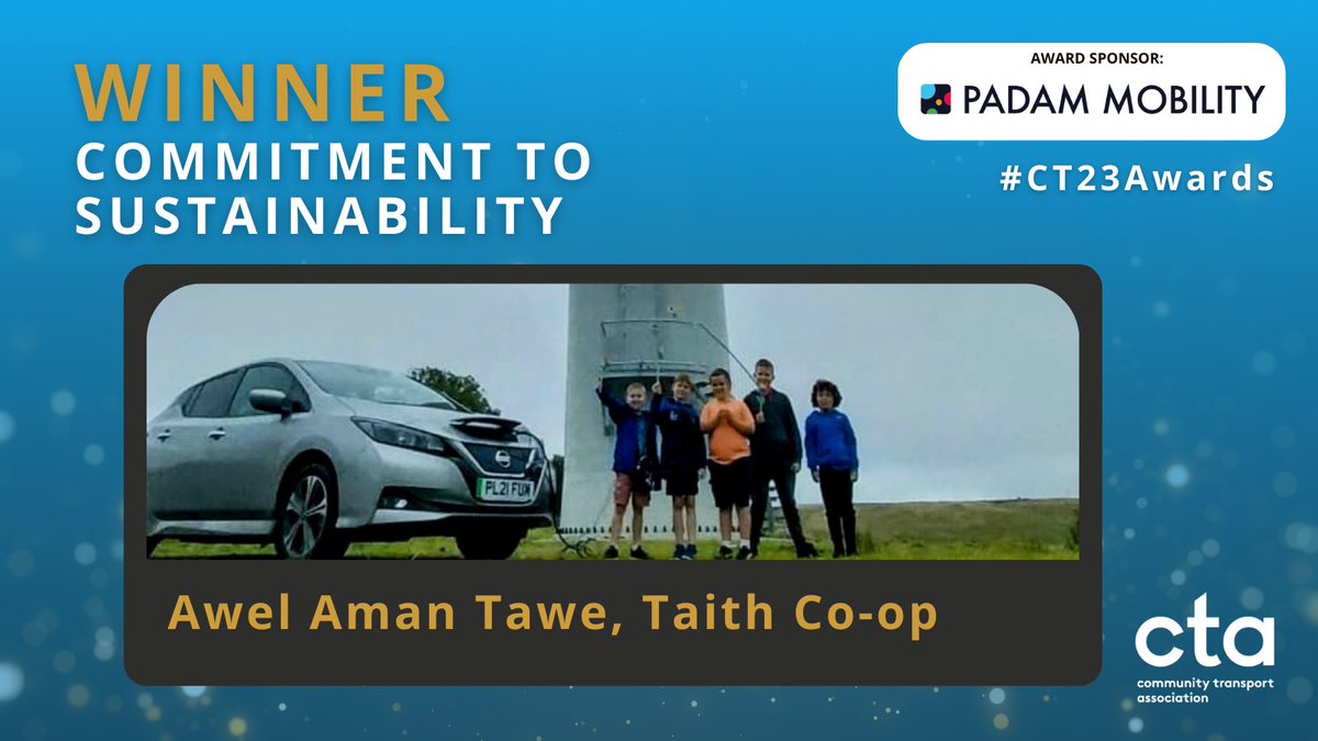 CTAUK1's tweet photo. The winner of Commitment to Sustainability is Awel Aman Twae, Taith Co-op 🏆

Congrats @AwelAmanTawe! Thanks to @PadamMobility for sponsoring this award.

#CT23Awards https://t.co/aPKE319ndU