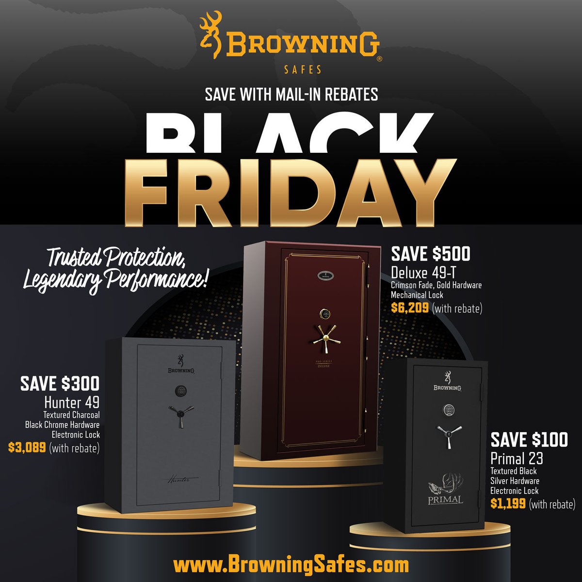 BrowningSafes's tweet photo. #BrowningSafes is offering mail-in rebates up to $500 when you purchase a new safe at https://t.co/ph56FlbMvc. #Rebate offer expires December 31, 2023 so shop now! Get $100-$500 back directly from Browning Safes.

#TrustedProtectionLegendaryPerformance #BlackFridaySale https://t.co/xEVni9BSx1