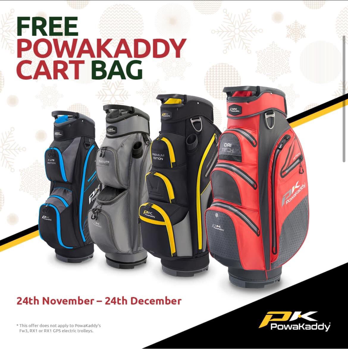 Powakaddy FREE Cart Bag Promotion 

FREE when you purchase a Powakaddy Electric Trolley.
Bag must be claimed with 28 days of purchase 

Offer starts Friday 24th November until December 24th. Trollies must be purchased between these dates to claim the free bag.