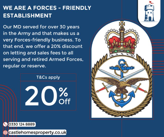 CastleHomes19's tweet image. We&apos;re excited to offer incredible discounts on letting and sales fees for our friends in the Armed Forces. For more information please call 0330 124 8889.
#ArmedForcesDiscounts #ForcesFriendly #castlehomes #estateagent