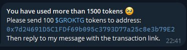 Groktg's tweet photo. We've updated Grok AI use prices. Now you get 1500 Free tokens as welcome gift and each recharge will cost 100 $GROKTG tokens. 100 tokens will get you 1000 Grok AI Prompt tokens.

#eth #crypto #bullrun #cz #sec #eth #Dextools https://t.co/w2wJT8Jnpb