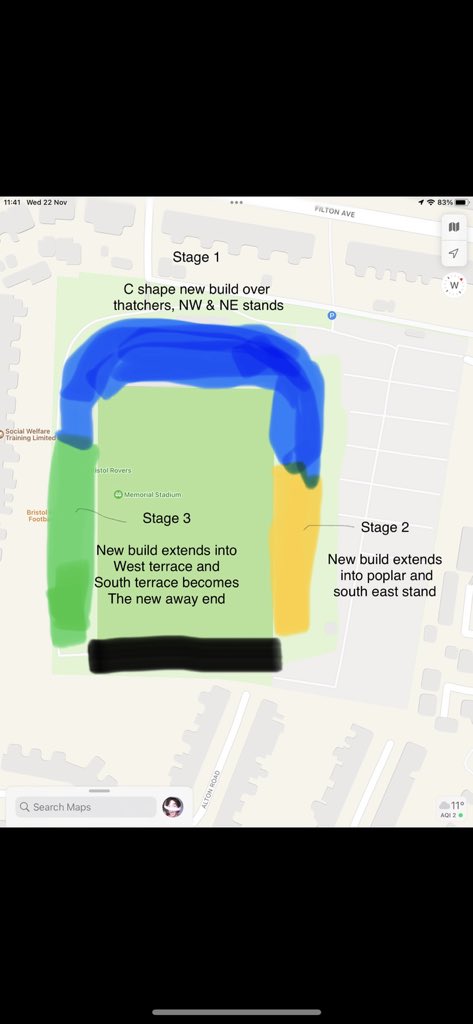 consocialistuk's tweet image. This is my other idea for not turning the pitch. It would be great to get a thoroughfare  in the thatchers (with NW&amp;amp;NE) then just gradually bring it towards the south stand that would be the away end @Official_BRFC #upthegas