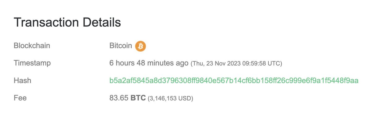 ThiOc2021's tweet image. Nếu như bạn có một ngày tồi tệ thì hãy nhớ đên một thanh niên nào đã đã chuyển 139.32 $BTC và chỉ nhận được 55.76 $BTC.
Mất 83.65 $BTC phí chuyển.

Quả là một món quà Tạ Ơn đáng nhớ tới già. hơn 3tr USD tiền phí tx #83BTC