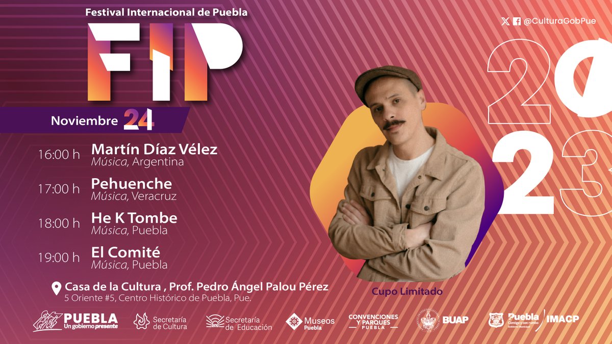CulturaGobPue's tweet photo. #FIP2023 🎭🩰🎶 | ¡Ven y pasa un grato agradable en el Festival Internacional de Puebla! Acompáñanos en las presentaciones musicales de "Martín Díaz", "Pehuenche", "He K Tombe" y "El Comité"; en la @CasaCultura_pue este 🗓️ 24 de noviembre.

⏰ A partir de las 16:00 h https://t.co/fDMfPlnepH