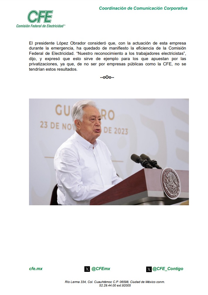 ManuelBartlett's tweet photo. Una vez normalizado el suministro eléctrico en Acapulco y los municipios de Guerrero afectados por Otis, el 98 por ciento de los usuarios ya utilizan el servicio eléctrico provisto por la @CFEmx. El personal de la empresa trabaja en restablecer el servicio del resto de los clientes, así como en reparar las luminarias del alumbrado público.  https://t.co/iPPLv5LLfD