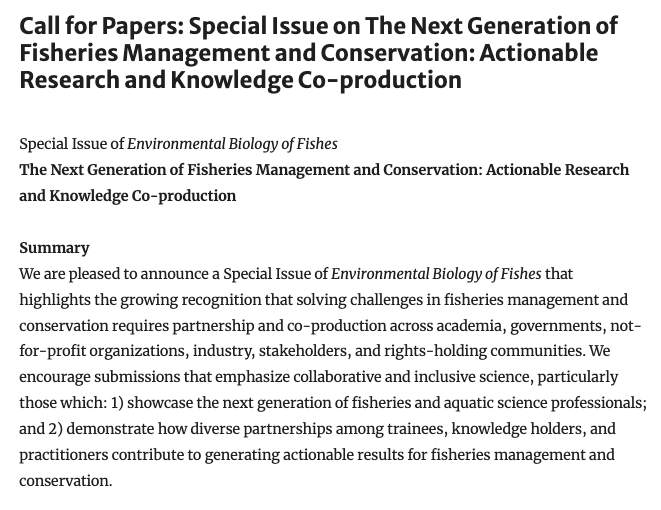 Call for papers! I'm a first time Guest Editor at #EBFI for a new #SpecialIssue aiming to highlight knowledge co-production and actionable research for conservation of fishes!

springer.com/journal/10641/…

Reach out if you've got any questions!