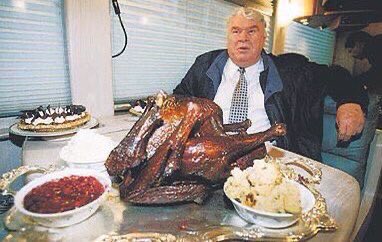 Kjg34's tweet photo. Where were you? 34 years ago, John Madden, shackled &amp; stark nude, was marched out to the 50-yard line with cattle prods to sing the national anthem as he performed fellatio on a live 175 pound turkey. He defied logic. It was very well received by all. Happy Thanksgiving. https://t.co/kNREGbMON2