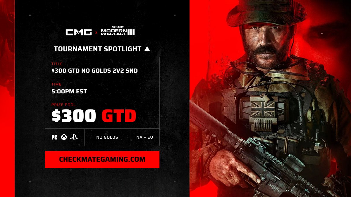 CMG_Esports's tweet image. 🏆 $300 GTD NO GOLDS 2V2 SND BEST OF 3

💰 $300 GTD PRIZE
📝 NA + EU | Search and Destroy | Best of 3
🕑 Today at 5pm EST

Sign up Here » checkmategaming.com/tournament/cro…

#MWIII #CMG #Tournaments