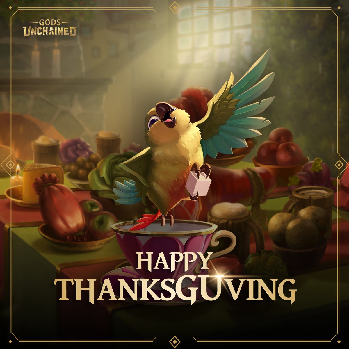 Happy ThanksGUving, Mortals! 🦃 Today, we're so thankful for the amazing Gods Unchained community! Your strategies, battles, and tales from the Shimmering Atlant and beyond have been nothing short of legendary ⚔️ Enjoy the feast, and may your decks be ever in your favor! 🍗