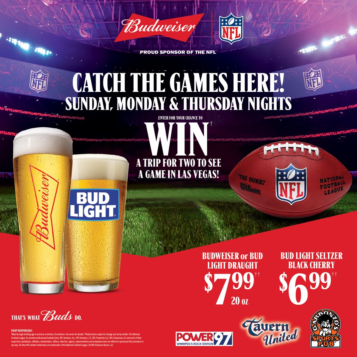 🏈🏈🏈Join us at Tavern United for NFL game days.  Drink specials, prizes &amp; more.  LAST DAY TO Enter to win a Trip to Las Vegas to see the Vikings vs Raiders IS FRIDAY!! DRAW takes place Nov 27th @ Tavern United Windsor Park #catchthegameshere