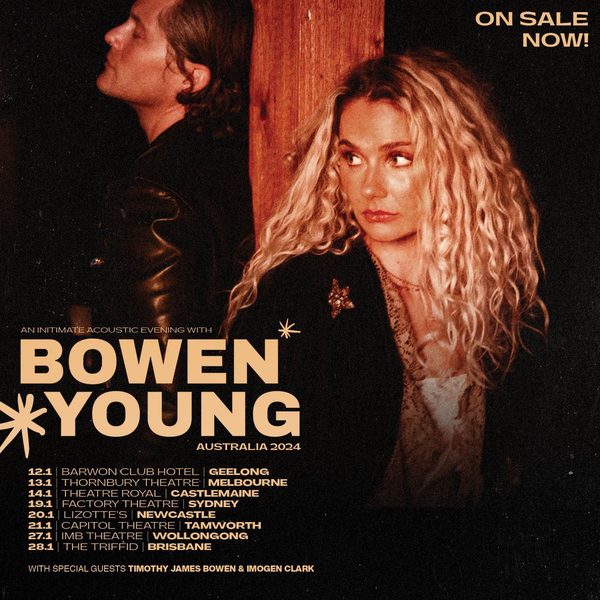 🌈AUSTRALIA!🌈 ON SALE NOW! 🎟️✨ Go get your tickets for our January tour with @timothyjamesbowen & @imogenclarkmusic here 👉🏼✨ bowenyoung.com. #bowenyoung #bowenyoungtour #australia #australiantour #americana #clarebowen #brandonrobertyoung #timothyjamesbowen