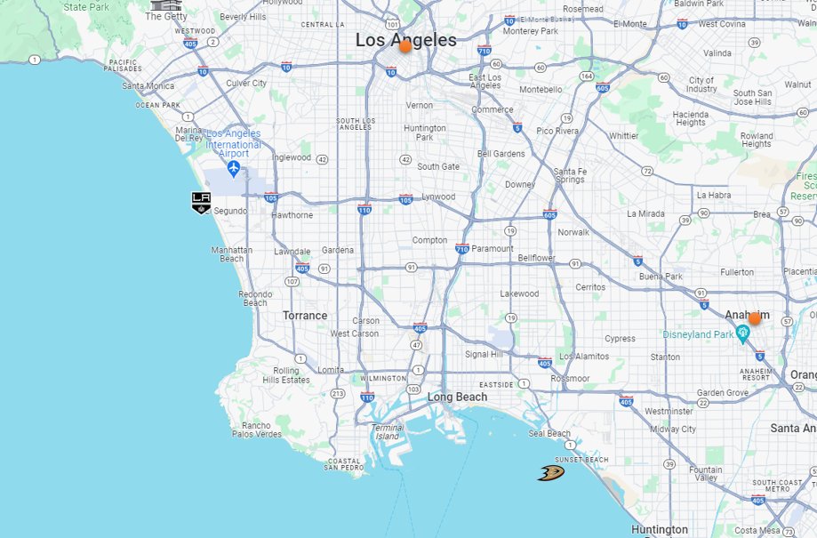 Where would your NHL team play if its rink was the same distance and direction from City Hall as Ottawa's Arena? A thread:

Anaheim and LA