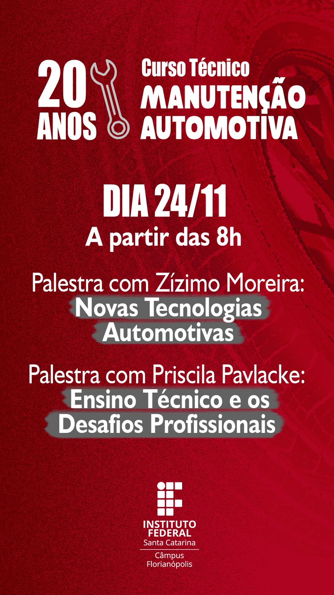 🛞 Confira o penúltimo dia de programação referente a Comemoração dos 20 anos do Curso de Manutenção Automotiva!