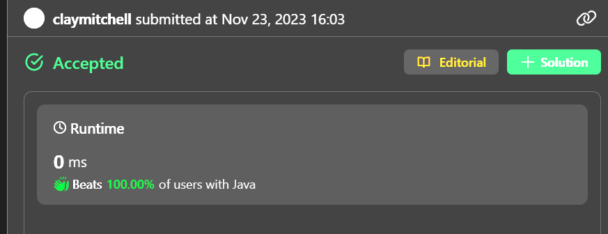 clay_mitchell's tweet photo. ok is @LeetCode broken? no way i came up with the fastest approach ever https://t.co/nx4gbTqwdR