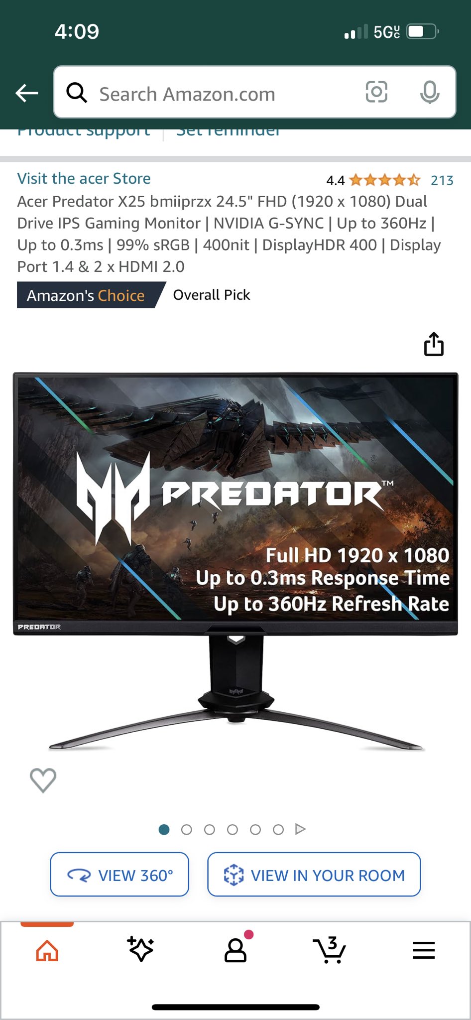 Acer Predator X25 24.5 Gaming Monitor FullHD 1920x1080 IPS 360Hz