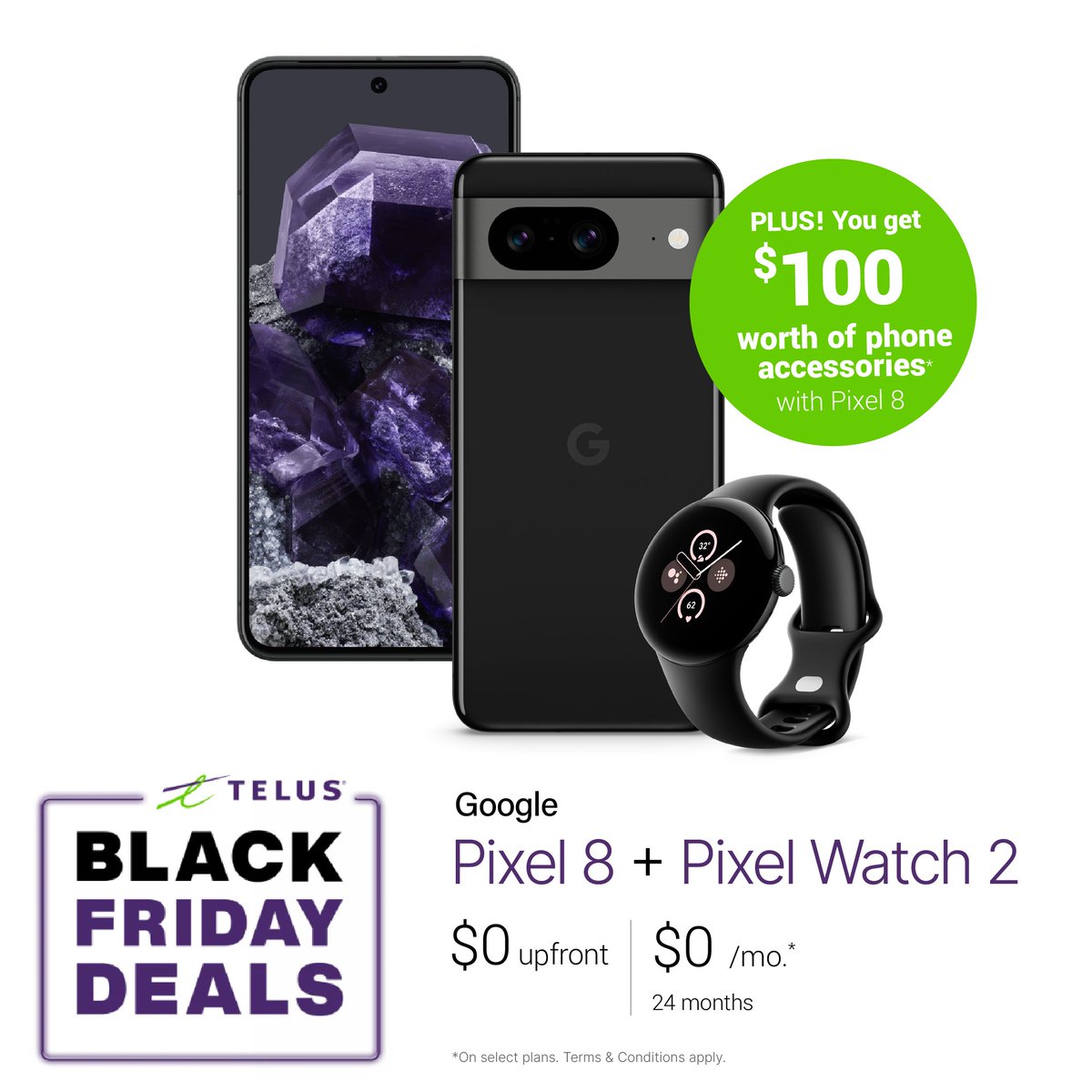AMAZING! Google Pixel 8 Special Offer includes the phone and a Pixel Watch 2 for $0, and $100 store credit for phone accessories with select plans. HURRY before this sale ends, some conditions apply. Visit us instore gbstech.com/locations #Telus #gbstech #BlackFridaySale2023
