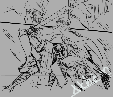 下書では私が何度でも描きたいアクションと、何度でも描きたい助け合うりばはんを描きました。 立体起動装置の仕組み忘れました