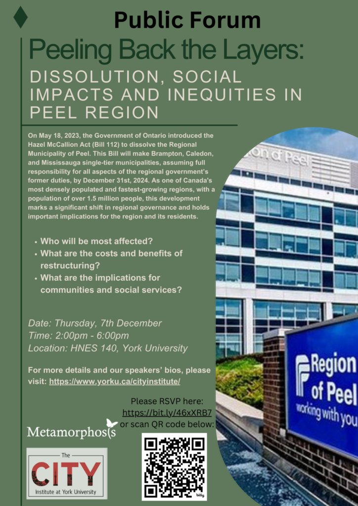 We're excited to partner with the Community Metamorphosis Network of Peel to discuss the implications of @ONgov's decision to dissolve @regionofpeel - one of Canada's fastest-growing and most diverse regions (pop 1.5 M). Everyone is welcome! bit.ly/46xXRB7