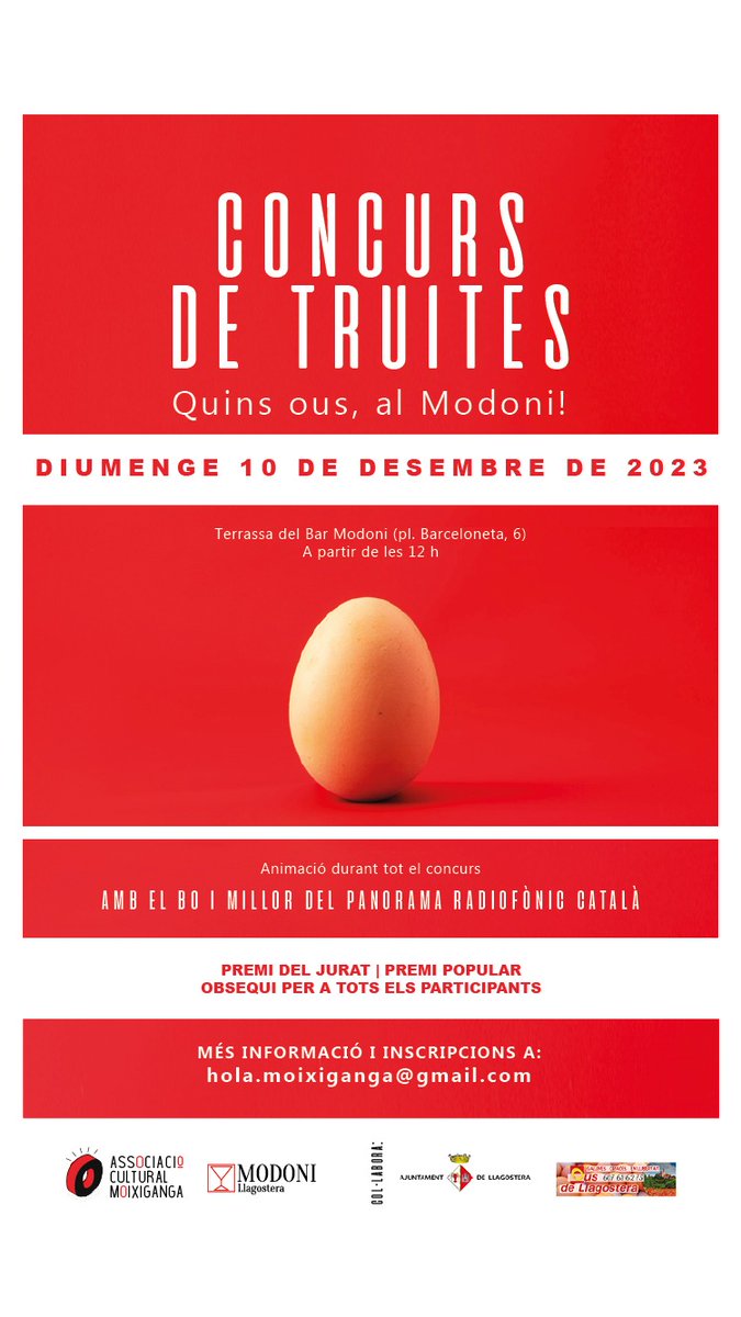 Gent! Que diuen que diumenge dia 10 fan concurs de truites al <a href="/Modoni_Llagos/">Modoni Llagostera</a> i que vingueu si teniu ous. Veniu si teniu ous que estarà guai!!!! 🥚🥚🥚🥚