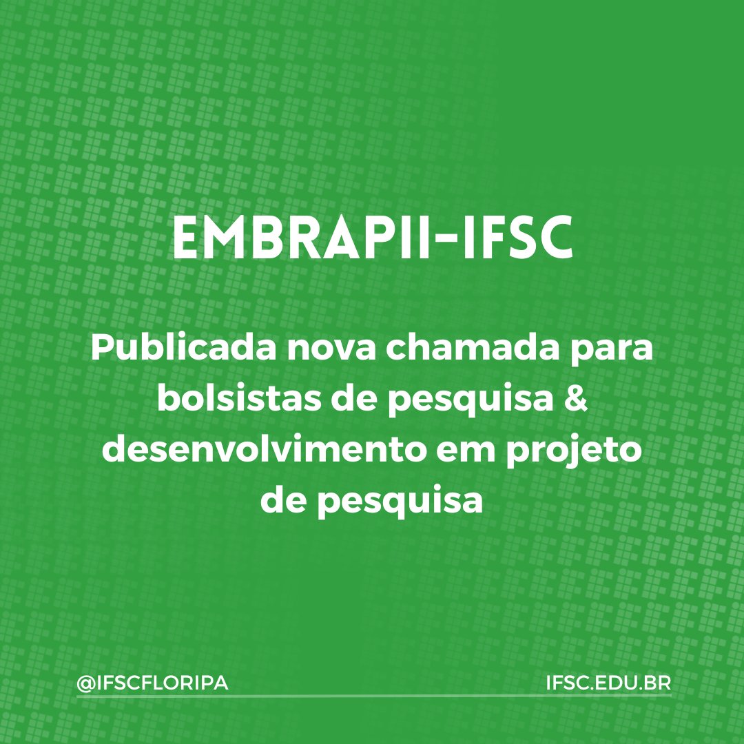 ✅Está aberto o processo de seleção para bolsa em projeto de pesquisa &amp; desenvolvimento, para o Polo de Inovação Embrapii-IFSC!

🔎 Ficou interessado? Leia a chamada 08/2023: ifsc.edu.br/documents/d/po…