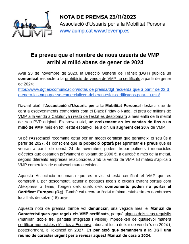 AumpCat's tweet photo. NOTA DE PREMSA 23/11/2023 - Es preveu que el nombre de nous usuaris de VMP
arribi al milió abans de gener de 2024

https://t.co/T06WySCmpr https://t.co/UDUzpryHqC