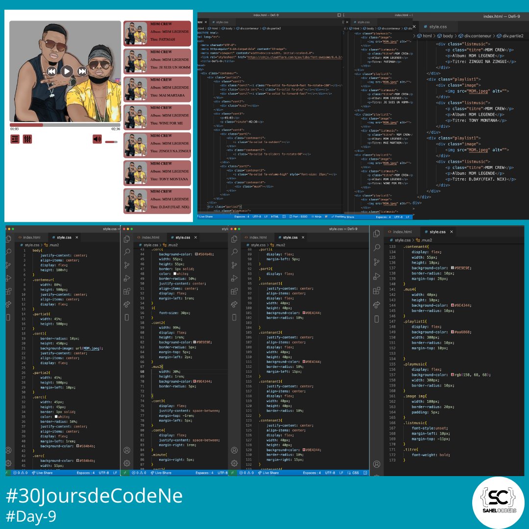 MahamadouBrah67's tweet photo. #30JoursdeCodeNe #Day9Challenge
Avec l'utilisation uniquement toujours de #html et #css du challenge #30JoursdeCodeNe de la communauté #sahelcoders. Je vous partage notre travail du jour avec comme défi qui consiste de  reproduire un Music Player.
@SahelCoders 
@godi_Souleymane https://t.co/03WtMofMxs
