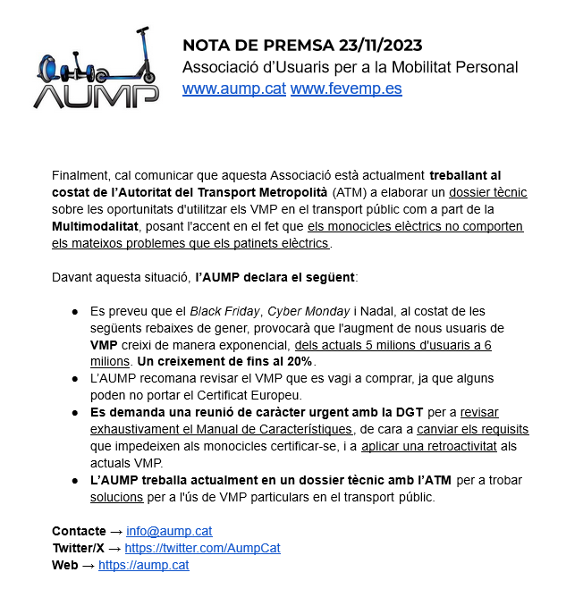 AumpCat's tweet photo. NOTA DE PREMSA 23/11/2023 - Es preveu que el nombre de nous usuaris de VMP
arribi al milió abans de gener de 2024

https://t.co/T06WySCmpr https://t.co/UDUzpryHqC