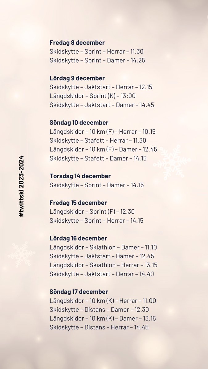 Eftersom jag älskar längdskidor, skidskytte och ER satte jag ihop detta: ALLA lopp fram till Tour de Ski/årsskiftet.

Med reservation för misstag och ändringar förstås. Spara ner!!! 

Och glöm inte: längd på Viaplay, skytte på SVT.

#twittski