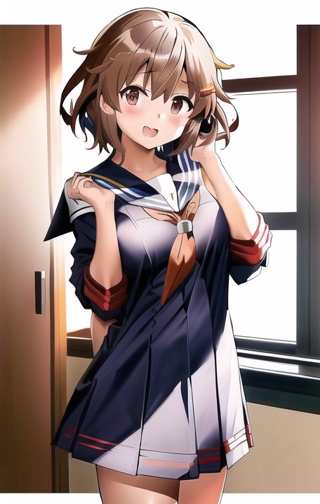 ikazuchi (kancolle) 1girl solo brown hair short hair brown eyes sailor collar dress  illustration images