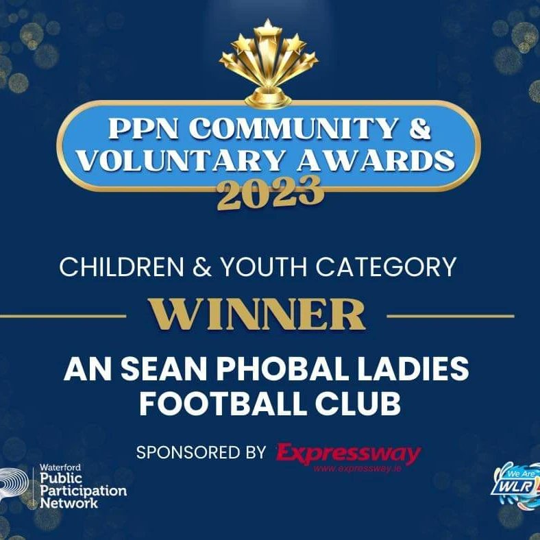 ⚡WELL DONE SEAN PHOBAL ⚡
Congratulations to Sean Phobal Peil na mban - Old Parish Ladies Football for securing the Children & Youth award. 🥇Kindly sponsored by Expressway. A well-deserved win. #PPNAWARDS23 @WaterfordPPN

Photo courtesy Cllr Damien Geoghegan.