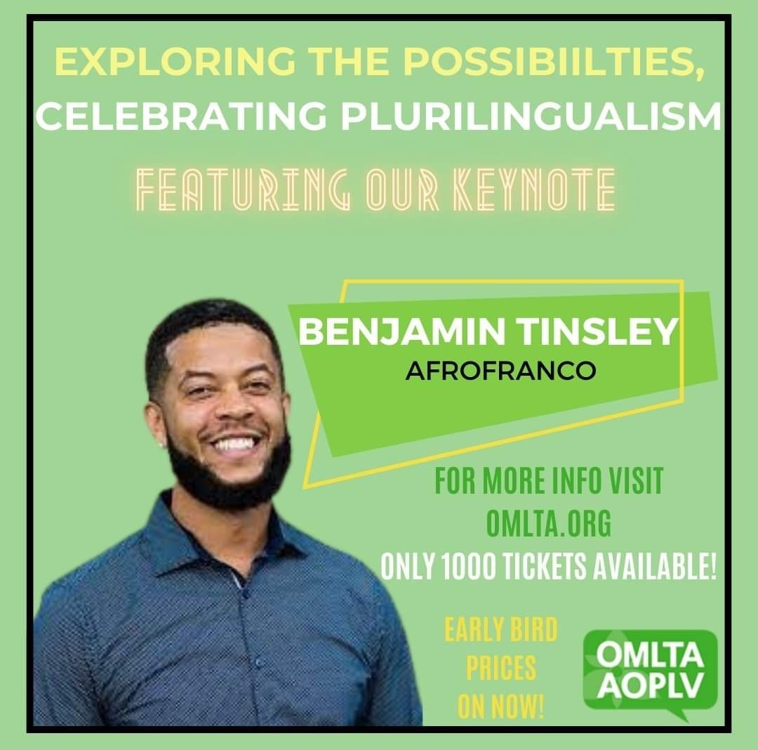 Benjamin <a href="/AfroFranco2/">Benjamin Tinsley</a> will be one of our keynote speakers at the OMLTA 2024 Spring Conference.

Benjamin is a teacher, curriculum developer and consultant. You won’t want to miss his amazing keynote address at the conference.

For more information, visit omlta.org.