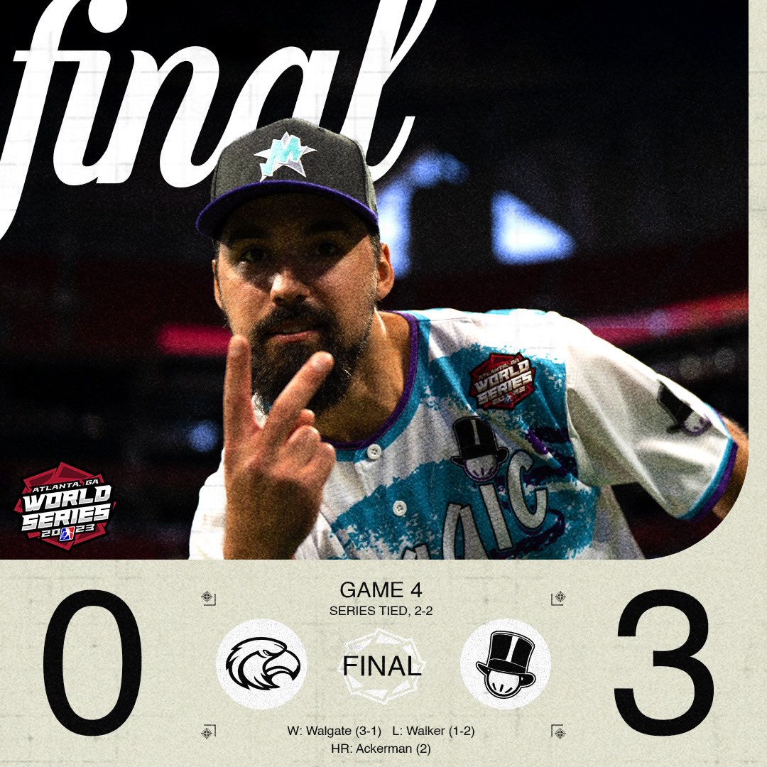 MLWWiffleBall's tweet photo. WANDS UP! πͺThatβs now 2 in a row for the Magic.
AJ Ackerman hits a 3-run blast β his 2nd HR of the WS β to walk it off in Game 4. RJ Walgate tosses ANOTHER shutout in 2023.
Gonna be a showdown tomorrow in Game 5.
#RoadToATL | #MLWWorldSeries https://t.co/RQRZsFvn4C