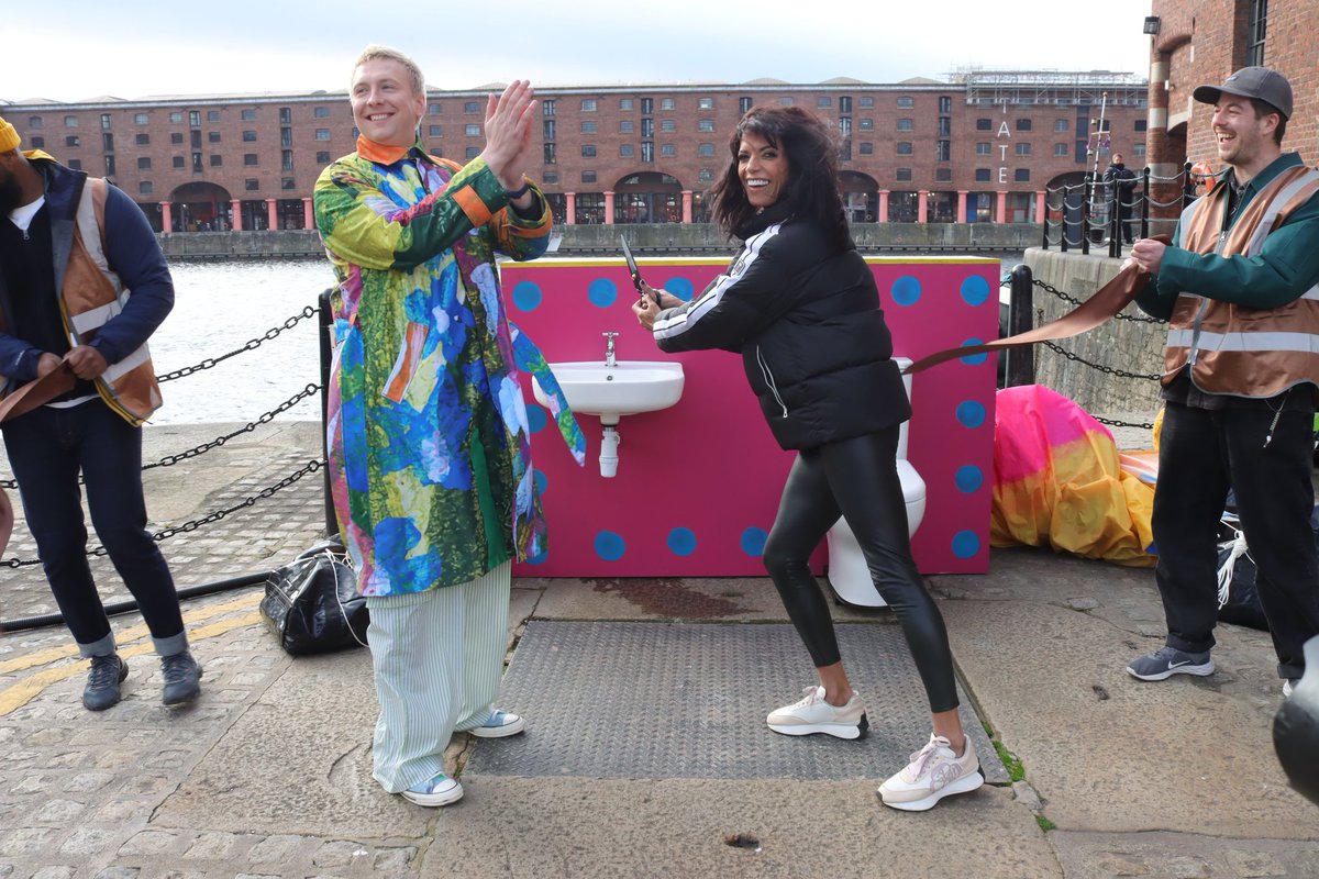 Comic Joe Lycett suffering with severe wind while launching his new podcast Turdis, as presenter Jenny Powell cut the brown ribbon, toilet jokes about @joelycett @joelycettfans @ExploreLpool @Laughter_house @JennyPowellTV #turdis #drpoo #toiletmishaps #comedy