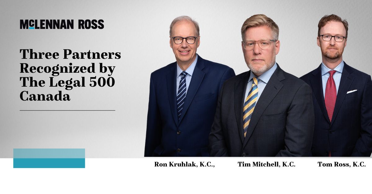 We are pleased to announce that MR Partners Ron Kruhlak, K.C., Tom Ross, K.C., and Timothy D. Mitchell, K.C., have been once again recognized by <a href="/TheLegal500/">The Legal 500</a> as leading lawyers in their practice areas.
Read more here: bit.ly/3MYF3Um
 
#MRoss #MRLeads #Legal500