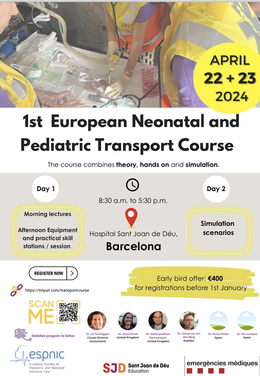 Transport section of ⁦@ESPNIC_Society⁩ invite you to the 1st European Neonatal and Paediatric Transport course in Barcelona on April 23+24 2024. Great content , speakers and hands on experience. #PedsICU ⁦⁦@PICSociety⁩ ⁦@WFPICCS⁩ Co-chair Uli Terheggen