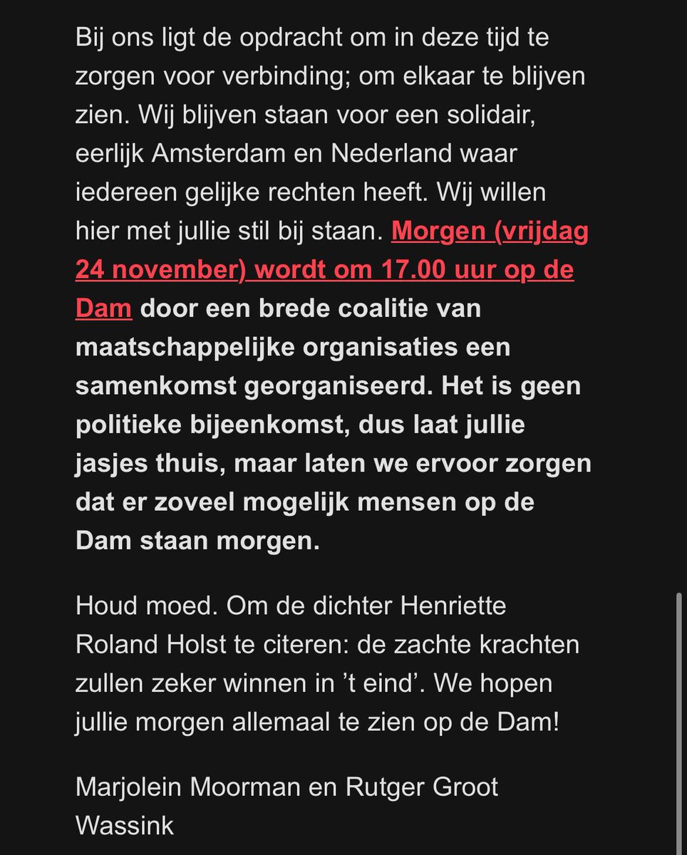 IngeLengton's tweet photo. Zo, zo. Mail van PvdA/GL Amsterdam aan achterban. Ze moeten geen partijkleding dragen, maar wel graag bijeenkomen voor een protest tegen de verkiezingsuitslag. Maar dat mag zo niet heten. De leden gaan op de Dam ‘verbinden’. En: het is géén ‘politieke bijeenkomst’. 🤫 Sure. https://t.co/dpIrKDGwiK