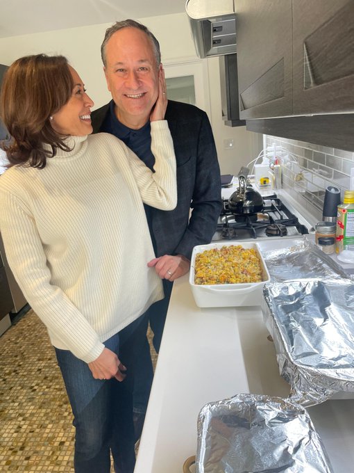 Vice President Harris and Second Gentleman Douglas Emhoff cook Thanksgiving dinner.